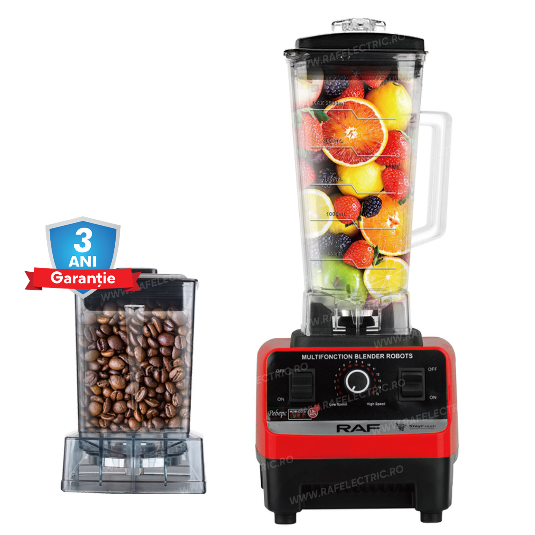 Blender Multifunctional 2 in 1 RAF 2809, 6 Lame din Otel Inoxidabil, Rasnita Inclusa, Capacitate 2.5L, 2400W